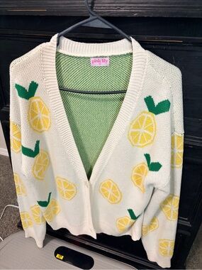 Pink Lily Cream Cardigan with Yellow Lemon Motif and Green Leaves